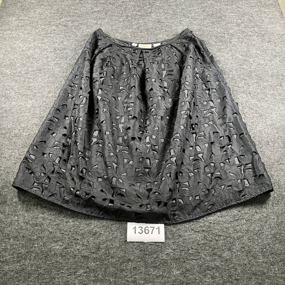 Talbots A Line Skirt Womens 14 Black Silk Cutout Floral Embroidered Side Zip